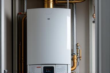 Ein moderner Warmwasserboiler in einem Kellerraum