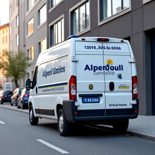 Das Alpenquell Sanitäre Service-Fahrzeug vor einem Gebäude in Bern